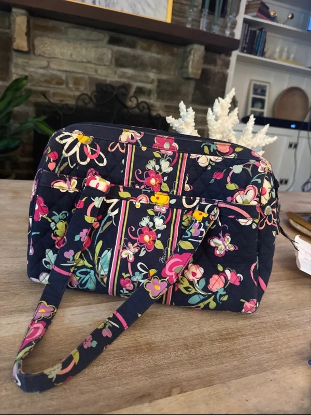 Vera Bradley Quilted Navy Cosmetic Bag with Pink & Yellow Floral Print